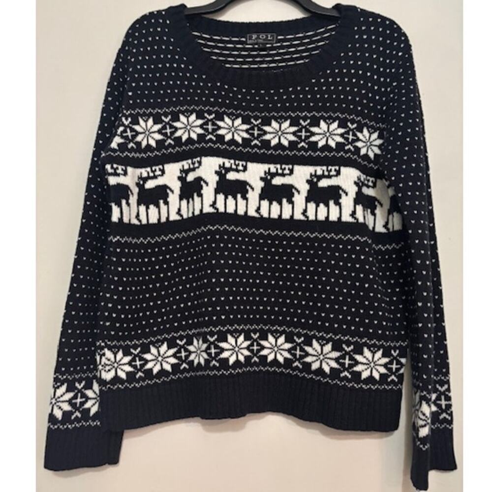 POL Womens Navy Blue Fair Isle Nordic Reindeer Pullover Sweater Size Large